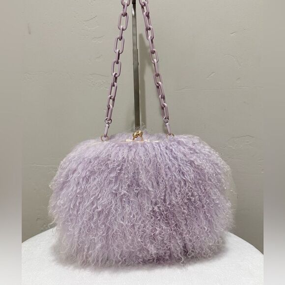 Lavender Handmade Mongolian Lamb Fur Kisslock Clutch/Shoulder Bag/Crossbody - Picture 1 of 13